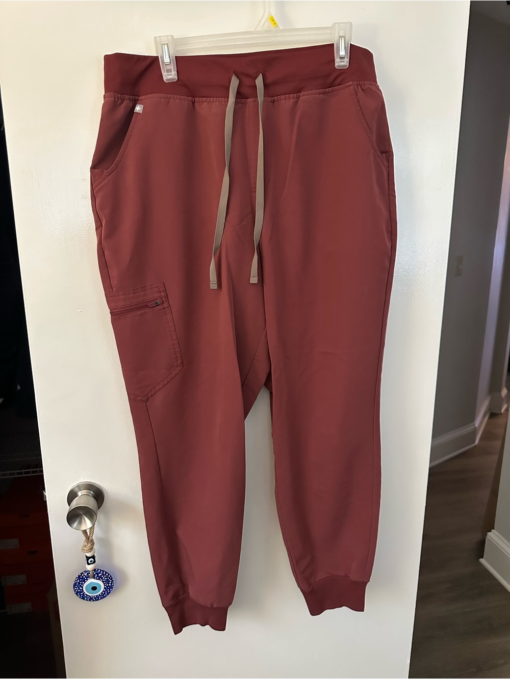 Figs Women's Jogger Pants in Brick Red with Taupe Drawstring